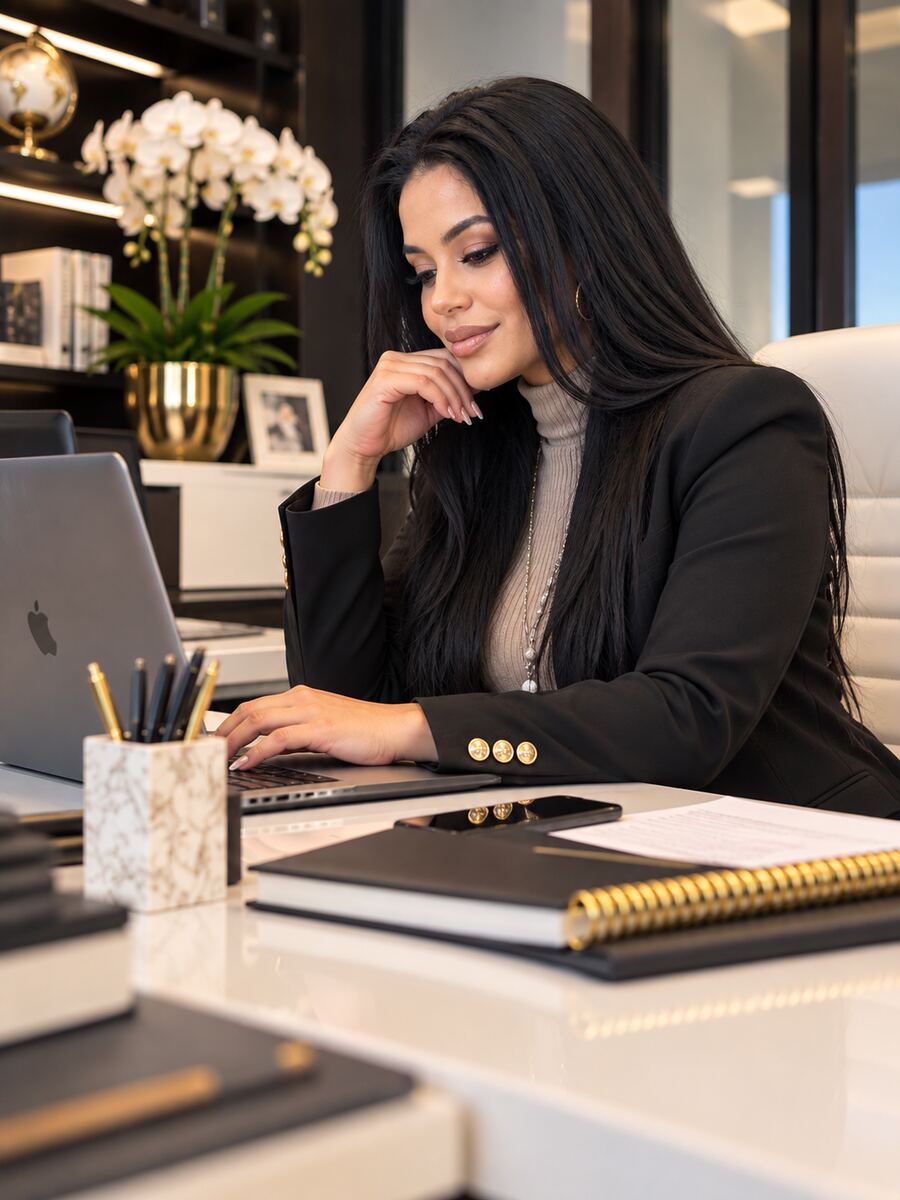 Eliamara working on a laptop at her desk