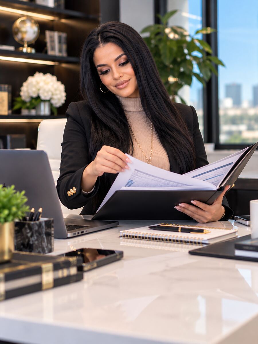 Eliamara reviewing a client's financial documents